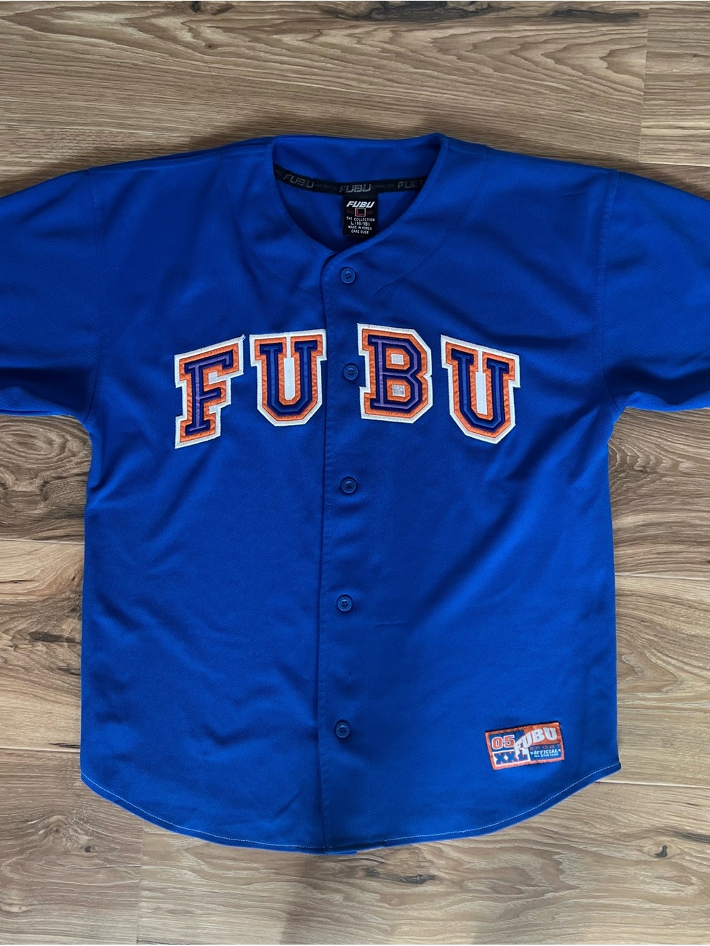 Vintage 2005 FUBU Baseball Jersey Large Blue Orange